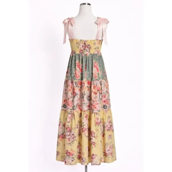 Floral Boho Maxi Dress Tiered Tie Shoulder est. Med Free People "Bluebell"-Insp - Picture 3 of 9